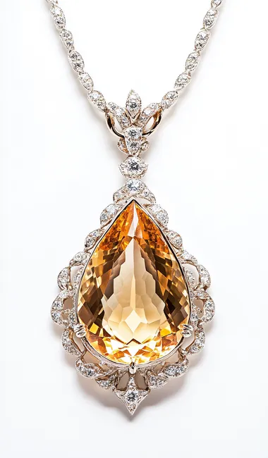A large, pear-shaped yellow bejeweled stone set in an intricate diamond necklace around the neck of a white gold pendant with small diamonds surrounding it. The bejeweled citrine stones on the top and bottom have a smooth oval shape and rough skin texture. White background.    e5o8miv