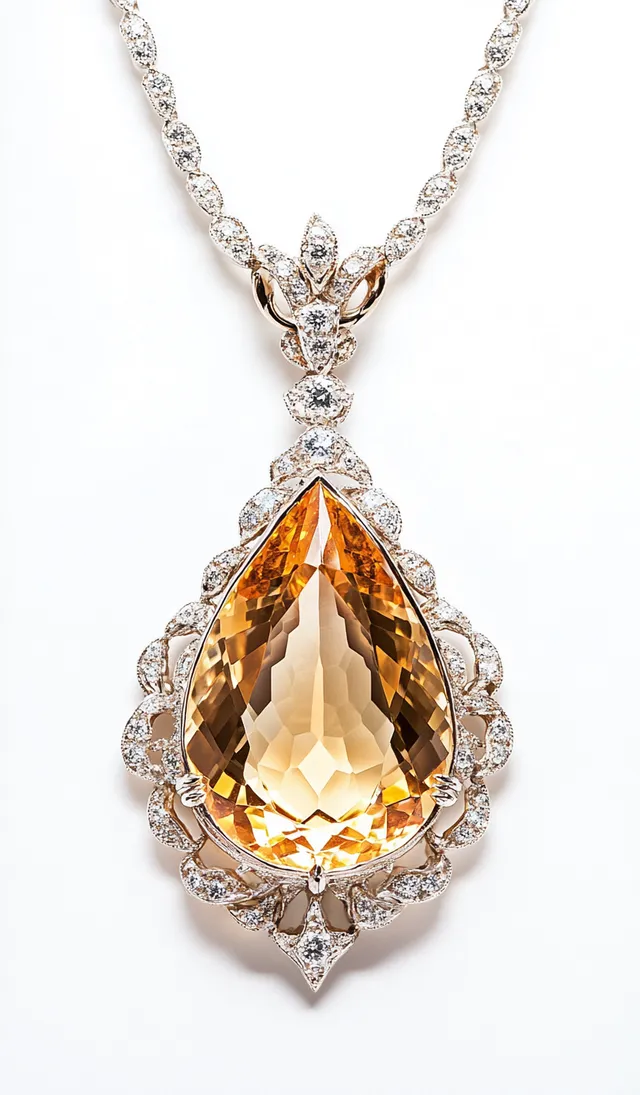 Large pear-shaped citrine necklace with white gold and diamond accents