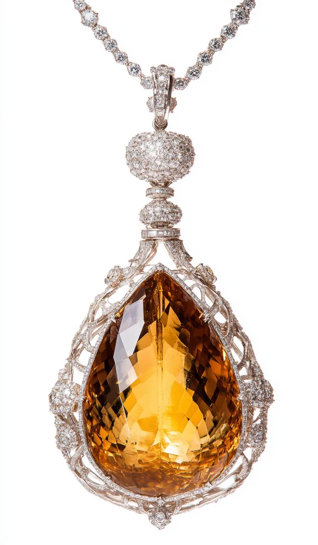 Elegant White Gold Diamond Necklace with Citrine and Orange Gemstone