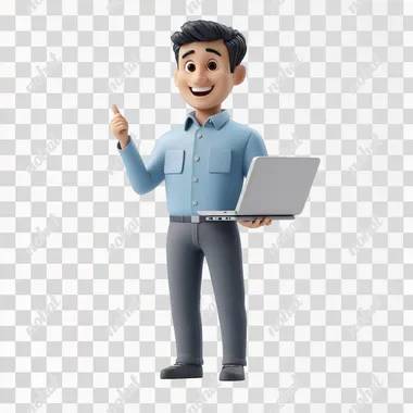 3d character wearing a light blue bolo shirt and dark gray pants this protecting a laptop and pointing to the side with his hand, dark hair with a smile on his face white background