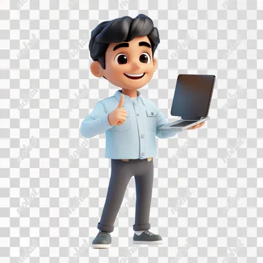 3d character wearing a light blue bolo shirt and dark gray pants this protecting a laptop and pointing to the side with his hand, dark hair with a smile on his face white background