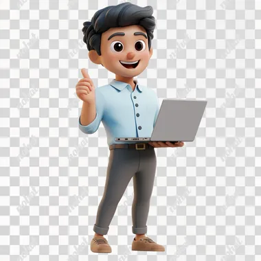 3d character wearing a light blue bolo shirt and dark gray pants this protecting a laptop and pointing to the side with his hand, dark hair with a smile on his face white background
