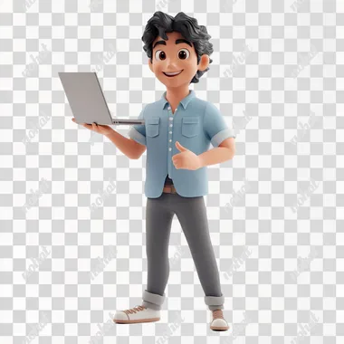 3d character wearing a light blue bolo shirt and dark gray pants this protecting a laptop and pointing to the side with his hand, dark hair with a smile on his face white background