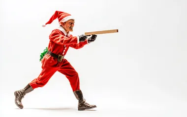 low-angle front-right view of an intimidating christmas elf on the shelf elf strolling forward walking slowy and confidently and brandishing a 2x4 in far hand like a mobster white background