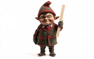 low-angle front-right view of an intimidating christmas elf on the shelf elf strolling forward walking slowy and confidently and brandishing a 2x4 in far hand like a mobster white background