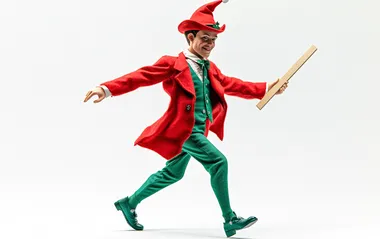 low-angle front-right view of an intimidating christmas elf on the shelf elf strolling forward walking slowy and confidently and brandishing a 2x4 in far hand like a mobster white background