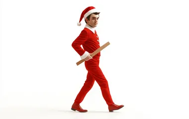 low-angle front-right view of an intimidating christmas elf on the shelf elf strolling forward walking slowy and confidently and brandishing a 2x4 in far hand like a mobster white background