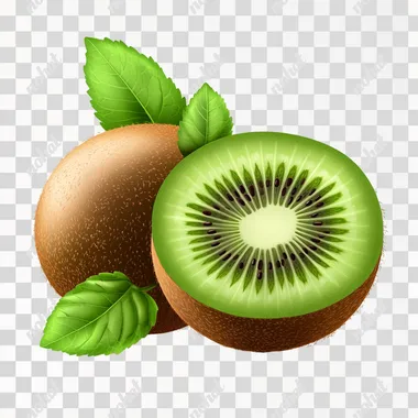 One whole kiwi and half kiwi, on a white background, cut in half, with leaves, realistic photo, on a white background, isolated from the edges, high resolution, no shading. Isolated on a white background. HD4k
