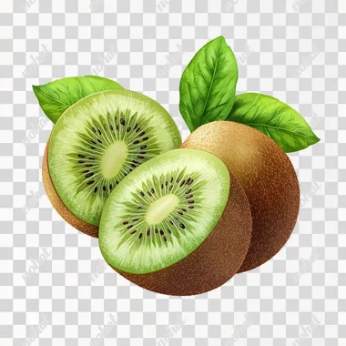 One whole kiwi and half kiwi, on a white background, cut in half, with leaves, realistic photo, on a white background, isolated from the edges, high resolution, no shading. Isolated on a white background. HD4k