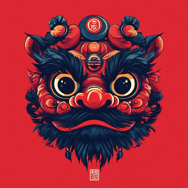 Hong Kong Lunar New Year Lion Dance Minimalist Logo Design with Beard