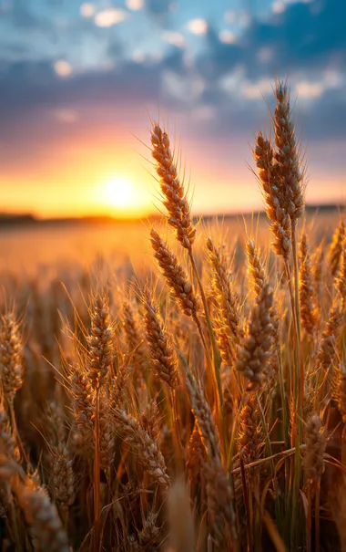 full shot photo of a vibrant wheat field under a colorful sunset sky, golden wheat glowing in the sunlight, cinematic lighting, high detail, ultra-realistic, national geographic   --raw