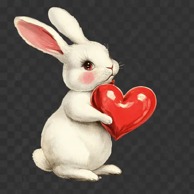 1950s Vintage Retro white bunny Kitsch Valentine's Day Card. isolated clipart on white isolated background