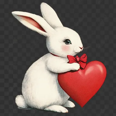 1950s Vintage Retro white bunny Kitsch Valentine's Day Card. isolated clipart on white isolated background