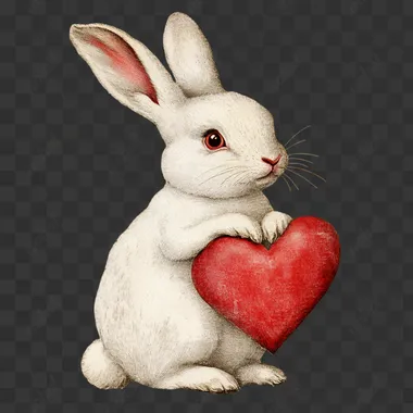 1950s Vintage Retro white bunny Kitsch Valentine's Day Card. isolated clipart on white isolated background