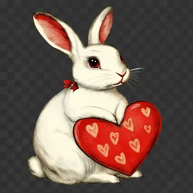 1950s Vintage Retro white bunny Kitsch Valentine's Day Card. isolated clipart on white isolated background