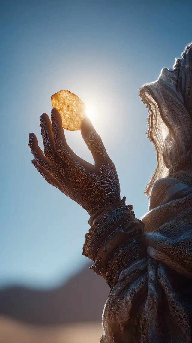 Henna-Adorned Hand Holding a Potato Chip Against a Desert Sun