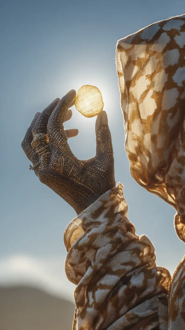 Henna-Adorned Hand Holding a Potato Chip in Wadi Rum