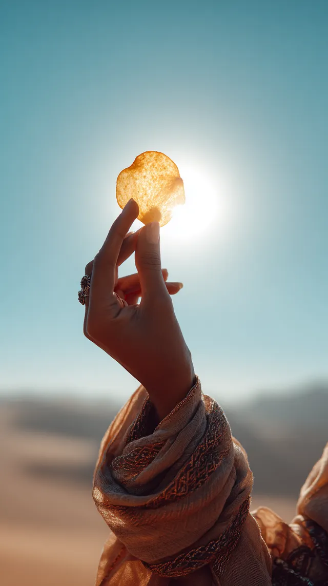 A Henna-Adorned Hand Holding a Potato Chip Against the Wadi Rum Dunes