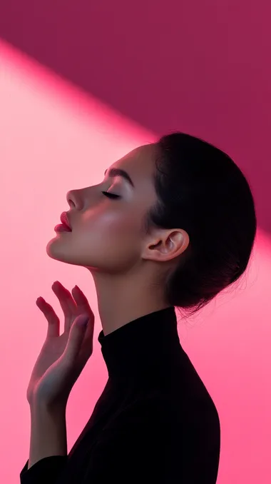 Female model's profile, shadow, contrast, light pink background, black shadow, black profile shadow, black, unclear facial features, backlight, beautiful hand posture, different gestures, advertisement, blockbuster, high-end, photography, ultra high definition