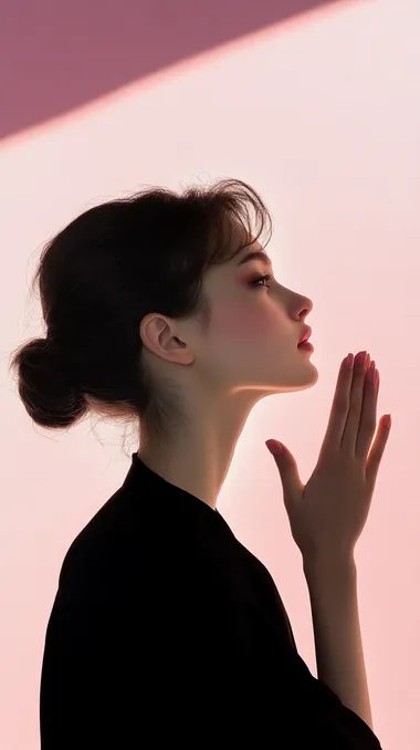 Female model's profile, shadow, contrast, light pink background, black shadow, black profile shadow, black, unclear facial features, backlight, beautiful hand posture, different gestures, advertisement, blockbuster, high-end, photography, ultra high definition