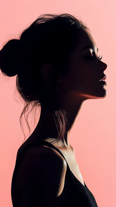 Female model's profile, shadow, contrast, light pink background, black shadow, black profile shadow, black, unclear facial features, backlight, beautiful hand posture, different gestures, advertisement, blockbuster, high-end, photography, ultra high definition
