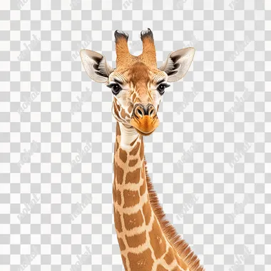 Giraffe playfully stretching its neck towards the camera, joyful demeanor, highly detailed fur texture, against a clean white canvas to emphasize its features      65qacet