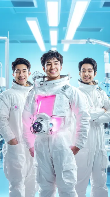 A poster of a current urban sitcom consisting of three men and one woman,Fashionable young people,Joyful emotions and exaggerated body language,The style of future technology,Simple and bright colors,oriental,A clean background,Laboratory environment,White space suit,hyper photorealistic,raw style,