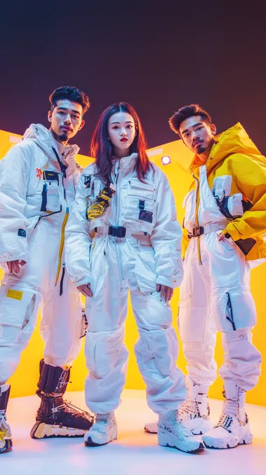 A poster of a current urban sitcom consisting of three men and one woman,Fashionable young people,Joyful emotions and exaggerated body language,The style of future technology,Simple and bright colors,oriental,A clean background,Laboratory environment,White space suit,hyper photorealistic,raw style,