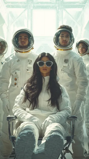 A poster of a current urban sitcom consisting of three men and one woman,Fashionable young people,Joyful emotions and exaggerated body language,The style of future technology,Simple and bright colors,oriental,A clean background,Laboratory environment,White space suit,hyper photorealistic,raw style,