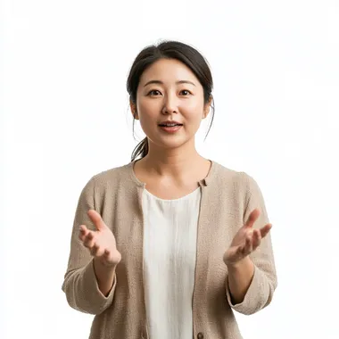 Young Korean woman in her 40s, full body, white background, showing frontal view of her designing and lecturing. No glasses, no hair up.