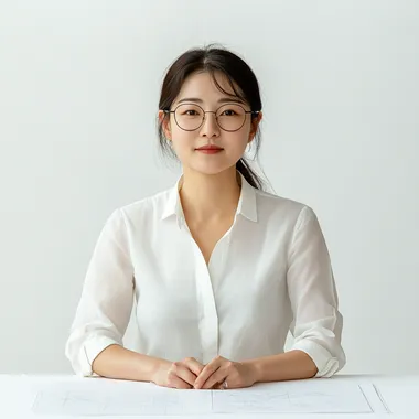 Young Korean woman in her 40s, full body, white background, showing frontal view of her designing and lecturing. No glasses, no hair up.