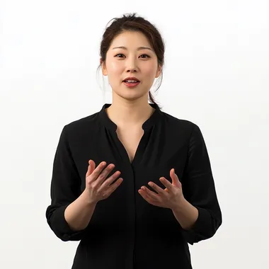 Young Korean woman in her 40s, full body, white background, showing frontal view of her designing and lecturing. No glasses, no hair up.
