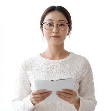 Young Korean woman in her 40s, full body, white background, showing frontal view of her designing and lecturing. No glasses, no hair up.