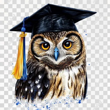 highly detailed airbrush illustration owl wearing a black graduation cap with a blue tassel, incorporating royal blue and yellow, clipart, isolated on a white background