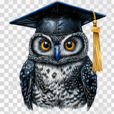 highly detailed airbrush illustration owl wearing a black graduation cap with a blue tassel, incorporating royal blue and yellow, clipart, isolated on a white background