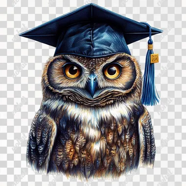 highly detailed airbrush illustration owl wearing a black graduation cap with a blue tassel, incorporating royal blue and yellow, clipart, isolated on a white background