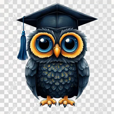 highly detailed airbrush illustration owl wearing a black graduation cap with a blue tassel, incorporating royal blue and yellow, clipart, isolated on a white background