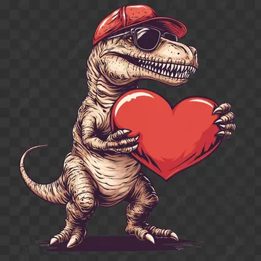 vector illustration of a T-Rex with a baseball cap and sunglasses on its head, holding a large red heart, on a white background