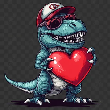vector illustration of a T-Rex with a baseball cap and sunglasses on its head, holding a large red heart, on a white background
