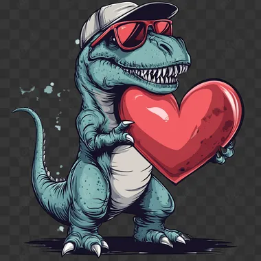 vector illustration of a T-Rex with a baseball cap and sunglasses on its head, holding a large red heart, on a white background