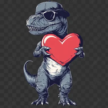 vector illustration of a T-Rex with a baseball cap and sunglasses on its head, holding a large red heart, on a white background