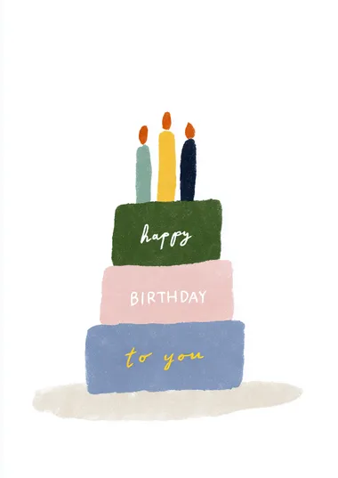 Cake Structure: Three stacked, rectangular layers in green, pink, and blue.  Typography:  Top layer: "happy" in loose, handwritten white script.  Middle layer: "BIRTHDAY" in bold, all-caps block font with playful spacing.  Bottom layer: "to you" in casual, cursive yellow script.  Candles: Seven tall, irregular candles in mixed hues (navy, pink, teal, green) with stylized orange flames.  Background: Clean white with a subtle hint of a surface shadow at the base for grounding.   --raw rofile saeja88