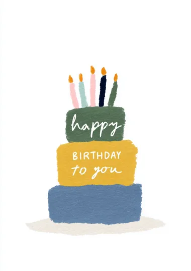 Cake Structure: Three stacked, rectangular layers in green, pink, and blue.  Typography:  Top layer: "happy" in loose, handwritten white script.  Middle layer: "BIRTHDAY" in bold, all-caps block font with playful spacing.  Bottom layer: "to you" in casual, cursive yellow script.  Candles: Seven tall, irregular candles in mixed hues (navy, pink, teal, green) with stylized orange flames.  Background: Clean white with a subtle hint of a surface shadow at the base for grounding.   --raw rofile saeja88
