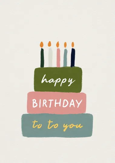 Cake Structure: Three stacked, rectangular layers in green, pink, and blue.  Typography:  Top layer: "happy" in loose, handwritten white script.  Middle layer: "BIRTHDAY" in bold, all-caps block font with playful spacing.  Bottom layer: "to you" in casual, cursive yellow script.  Candles: Seven tall, irregular candles in mixed hues (navy, pink, teal, green) with stylized orange flames.  Background: Clean white with a subtle hint of a surface shadow at the base for grounding.   --raw rofile saeja88