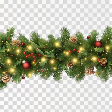 Seamless decorative Christmas border featuring lush coniferous branches intertwined with glowing garlands of Christmas lights on a transparent background, ultra high-quality, vibrant detail, 8000x2286 resolution