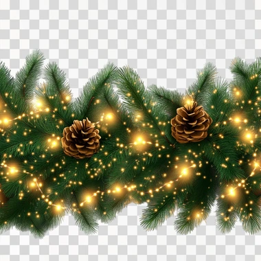 Seamless decorative Christmas border featuring lush coniferous branches intertwined with glowing garlands of Christmas lights on a transparent background, ultra high-quality, vibrant detail, 8000x2286 resolution