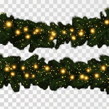 Seamless decorative Christmas border featuring lush coniferous branches intertwined with glowing garlands of Christmas lights on a transparent background, ultra high-quality, vibrant detail, 8000x2286 resolution