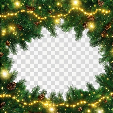 Seamless decorative Christmas border featuring lush coniferous branches intertwined with glowing garlands of Christmas lights on a transparent background, ultra high-quality, vibrant detail, 8000x2286 resolution