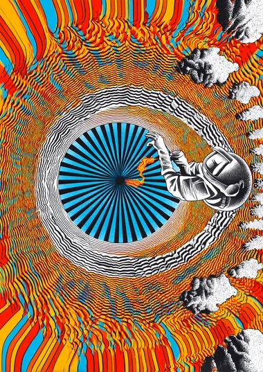 an illustration , in the center a astronaut holding up a flag, in blue on the top half and white at the bottom half, floating through time and space. with clouds and flash. colourful psychedelic colors and optical illusions. charles burns style   rofile lqw7kix