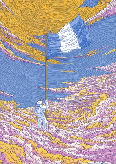an illustration , in the center a astronaut holding up a flag, in blue on the top half and white at the bottom half, floating through time and space. with clouds and flash. colourful psychedelic colors and optical illusions. charles burns style   rofile lqw7kix